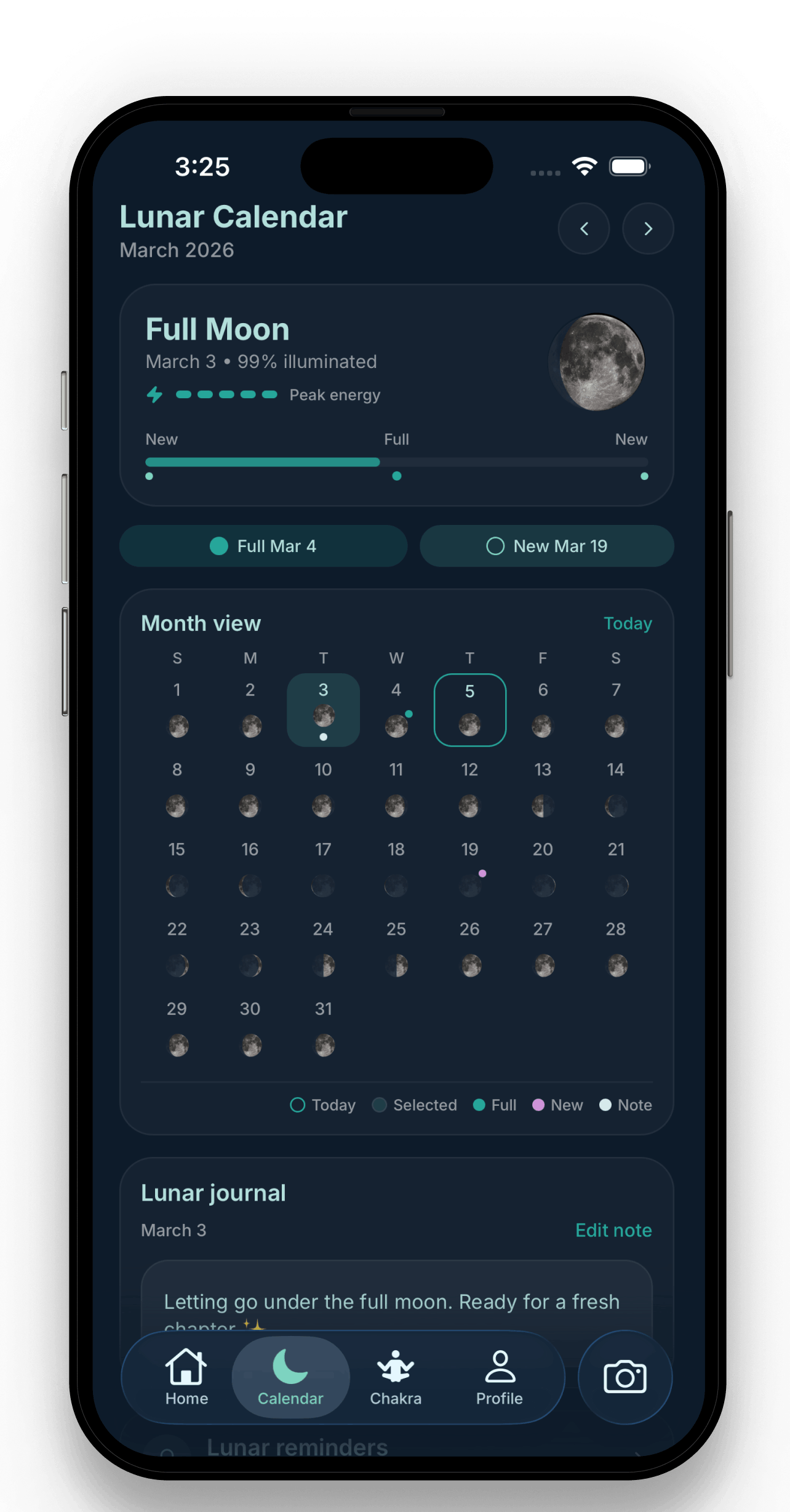 Lunar calendar showing moon phases for March with journal entry